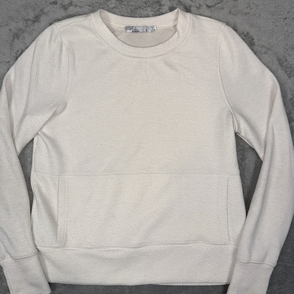 Prana Sweatshirt‎ Womens Small Cream Pullover Sunrise Crewneck Pocket Textured - Picture 2 of 11